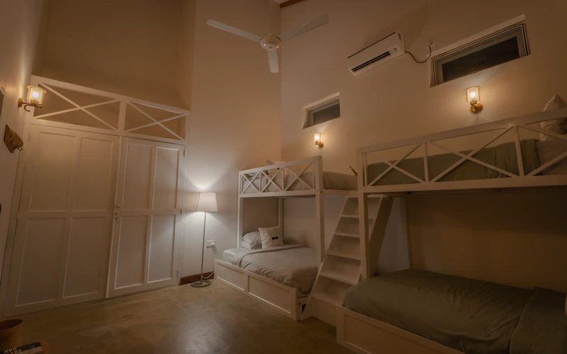 Family bunk room at Sevana Villa with custom-designed bunks, TV and board games